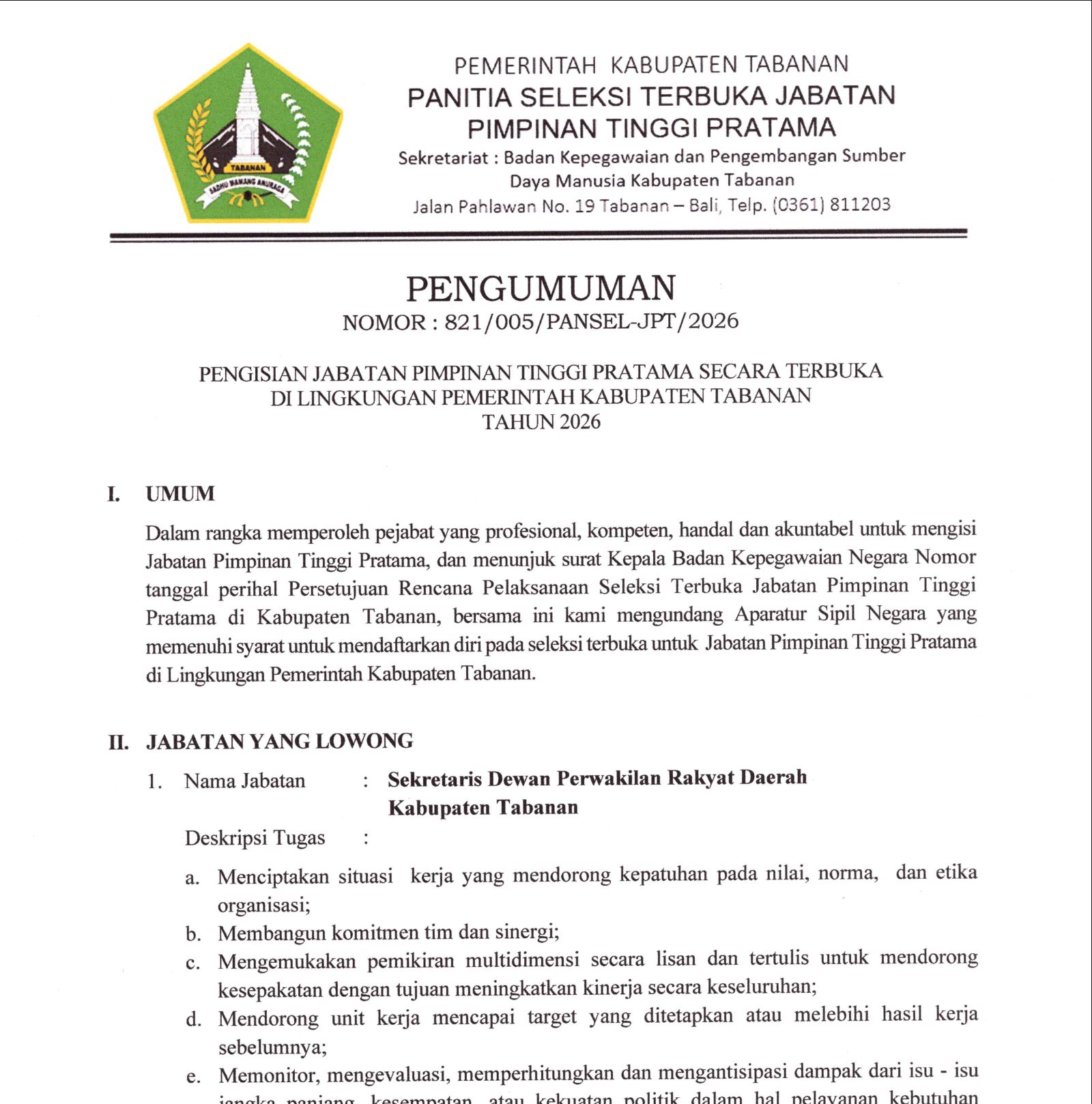 Pengumuman Pengisian Jabatan Pimpinan Tinggi Pratama Secara Terbuka di Lingkungan Pemerintah Kabupaten Tabanan Tahun 2026