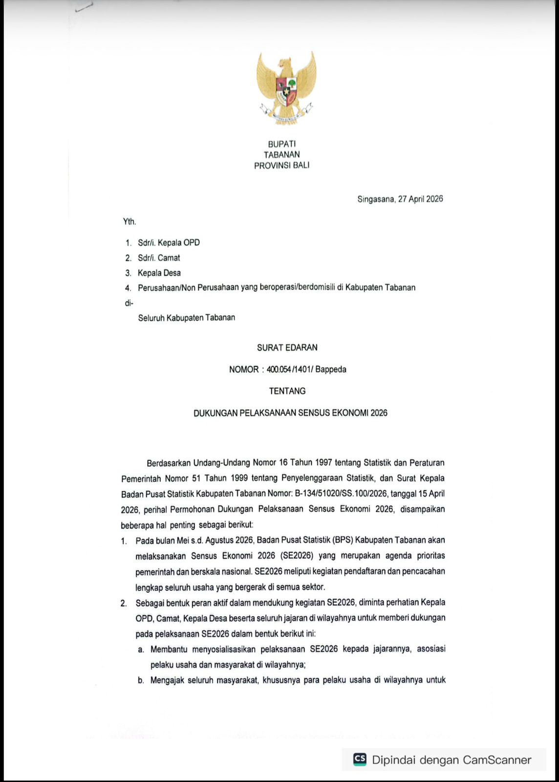 Surat Edaran Tentang Dukungan Pelaksanaan Sensus Ekonomi 2026